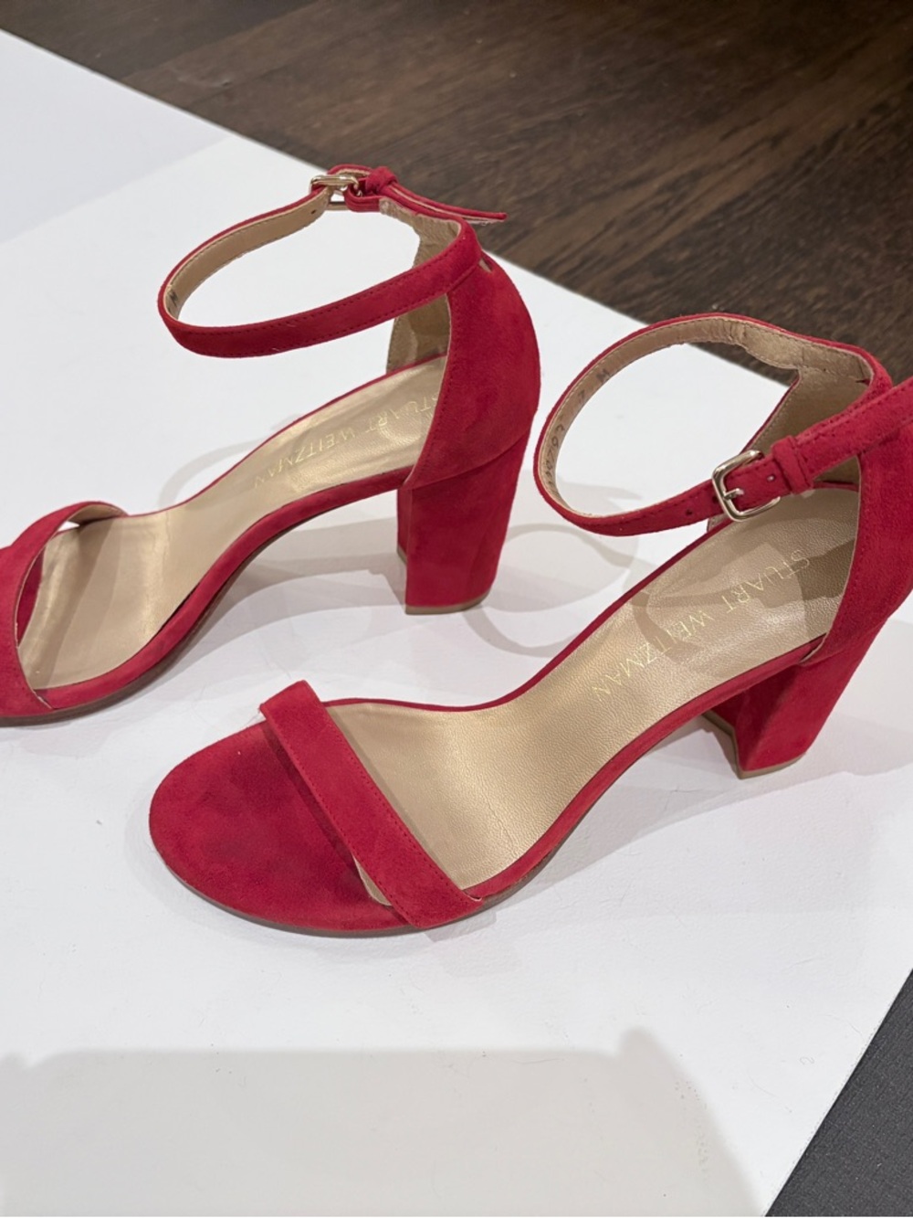 Stuart Weitzman Red Suede Block Heel Sandals with Ankle Strap